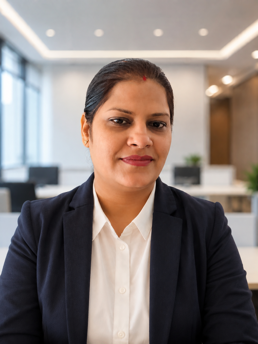 Deepa Sharma wearing a navy blazer and white shirt